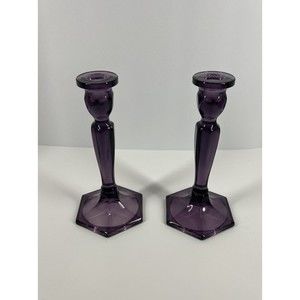 1920s Antique FENTON Florentine Glass Candlestick Holders Purple 8.5”